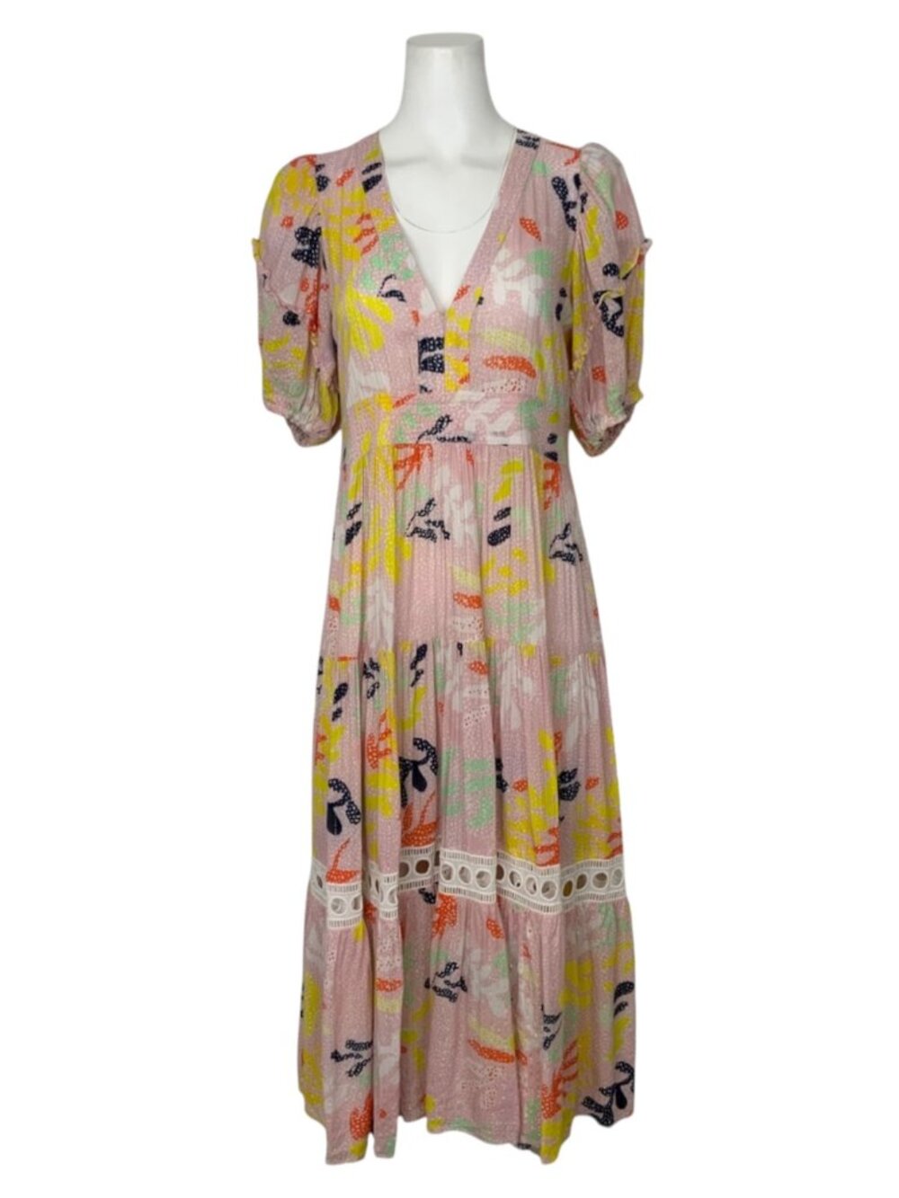 Lem Lem Reef Flutter Sleeve Maxi Dress M Pink Tiered Side Slits Summer - Picture 7 of 16
